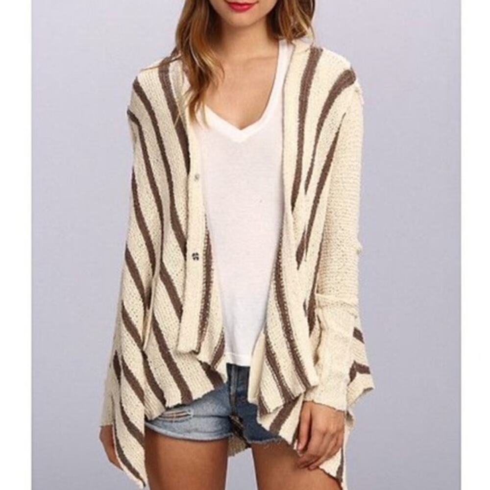 Free People Circle Back Striped Chevron Cardigan Sweater Cream Brown Size Large